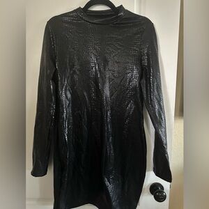 Zara Black Croc-Embossed Faux Leather Long Sleeve Dress.  Size L